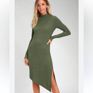 Lulu's Asymmetrical Olive Green Midi Bodycon Long Sleeve Sweater Dress Medium